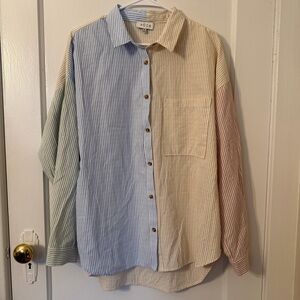 ACOA Women’s Striped Color Block Button-Down Blouse-Size M